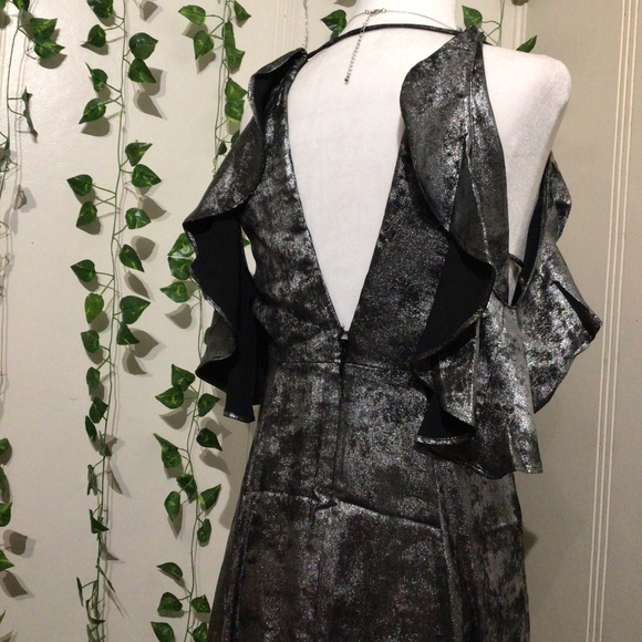 Silver Floor Length Gown with Deep V | Ruffled Sleeves | Side Slits - Picture 5 of 6